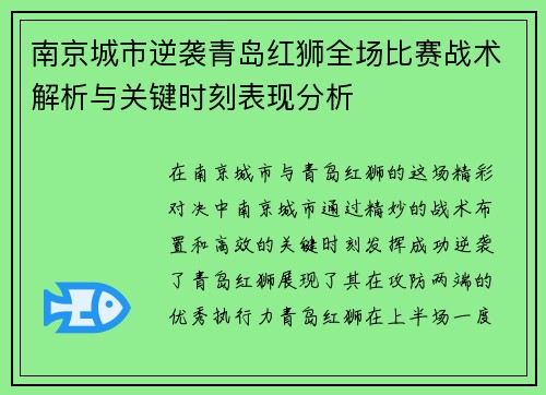 南京城市逆袭青岛红狮全场比赛战术解析与关键时刻表现分析